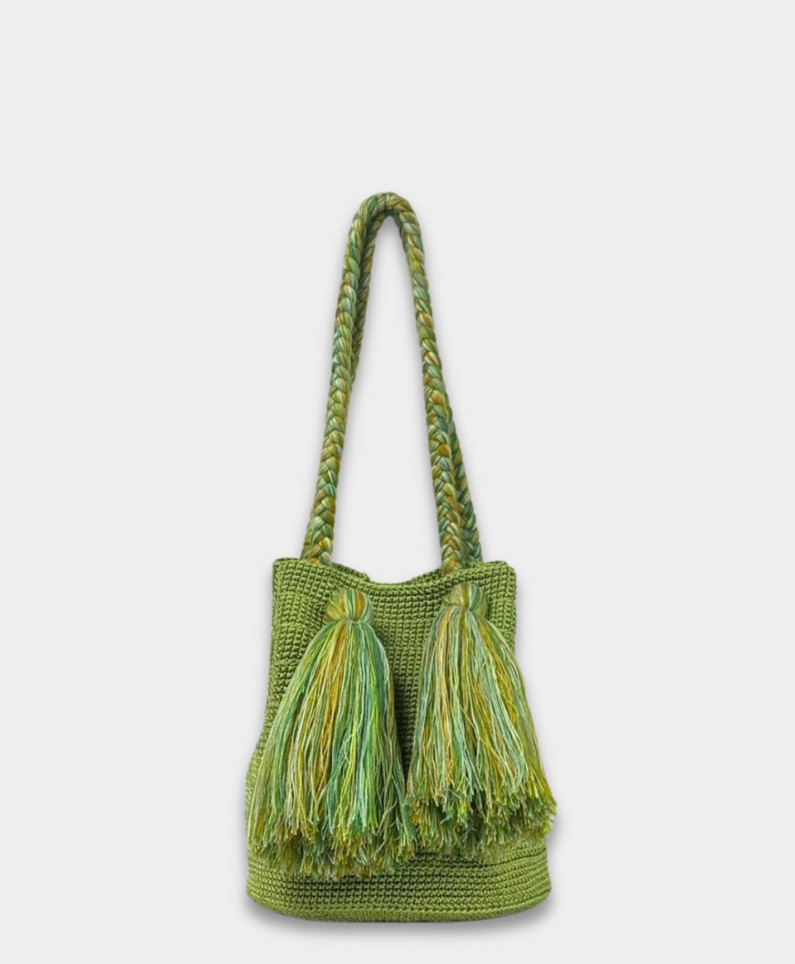 Maria Victoria | Tassel Green Bucket Bag | Handwoven, Zinacantán Artis